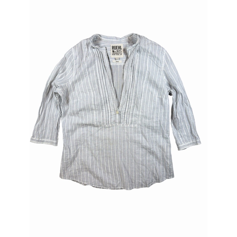Ruehl No.925 Womens M Blue White Striped Sheer Henley Blouse 3/4 Sleeve Y2K